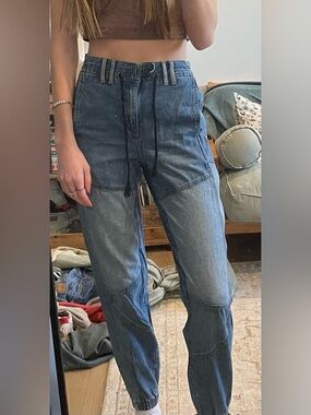 Blue Patchwork Denim Jogger Jeans